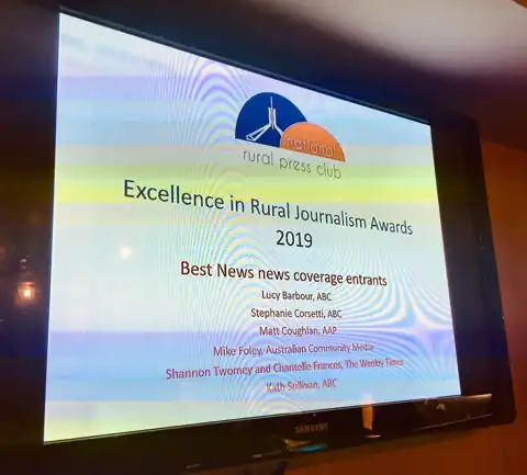 Screen at the 2019 NRPC Awards listing the entrants for best news coverage